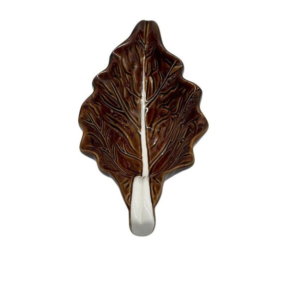 Over And Back Outfitters Stoneware Gravy Boat Glazed Brown White Leaf Ceramic - Picture 3 of 7